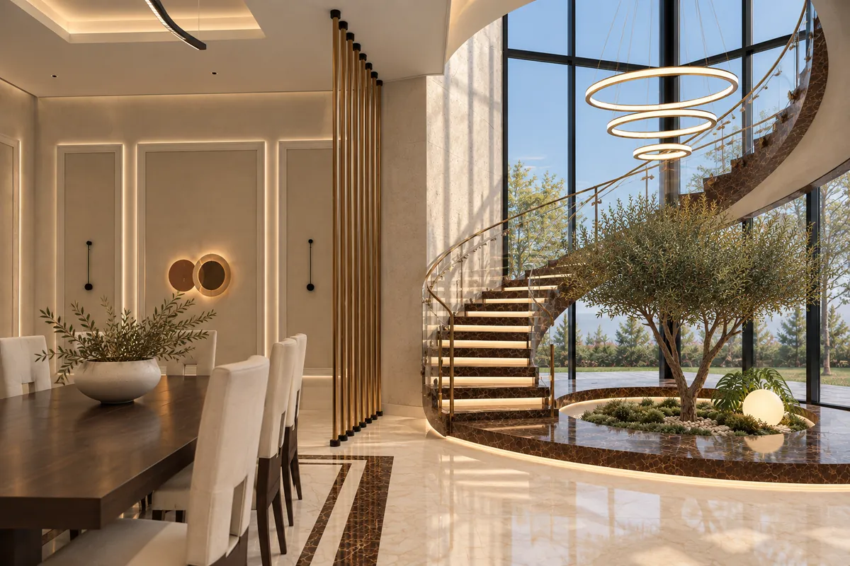 Double-height space with a floating stair curving around an olive tree in a marble planter, a ring chandelier above and the dining table to the left.
