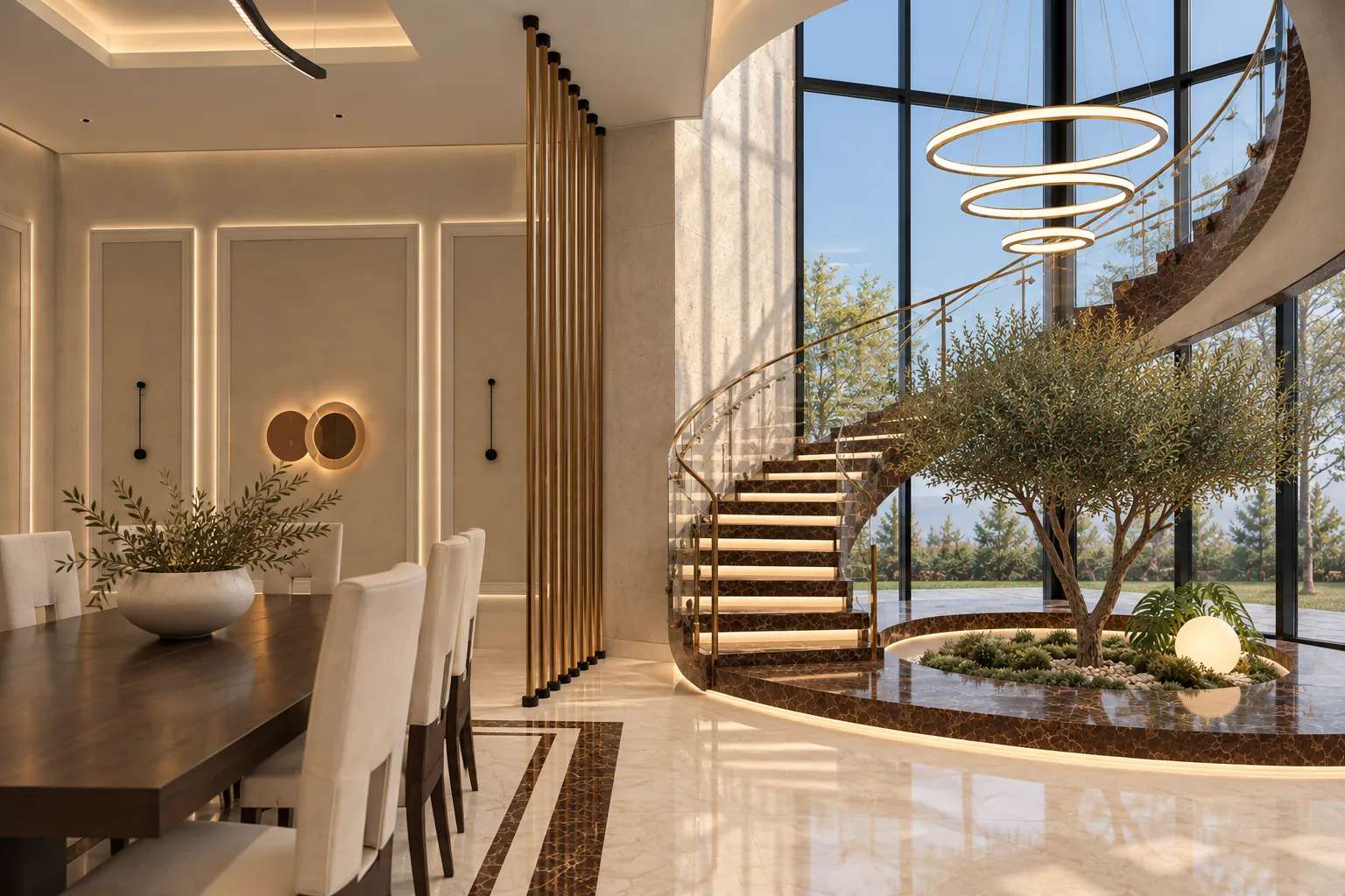 Double-height space with a floating stair curving around an olive tree in a marble planter, a ring chandelier above and the dining table to the left.