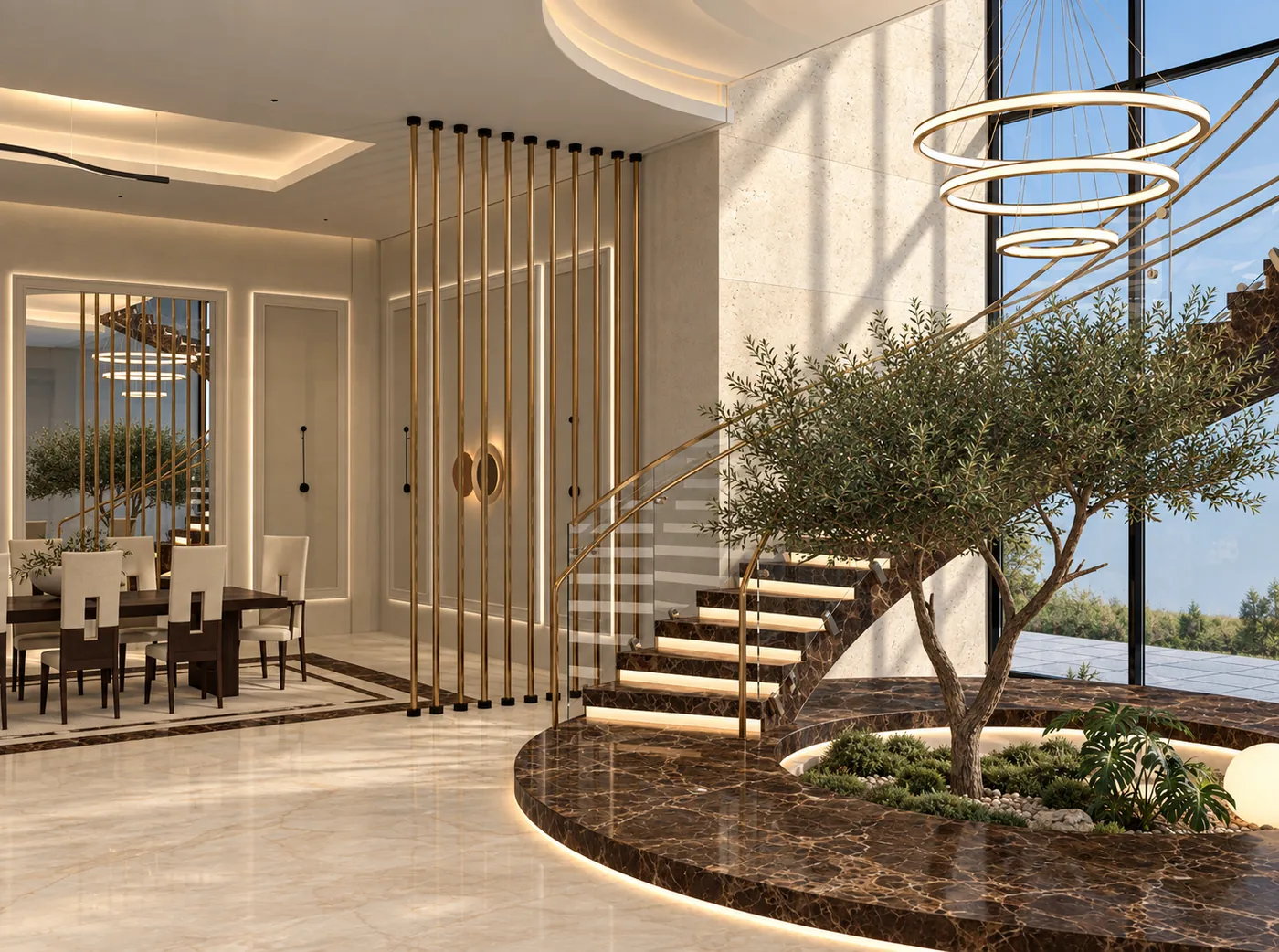 The floating stair and olive tree with the dining room seen through brass rods, a ring chandelier overhead.