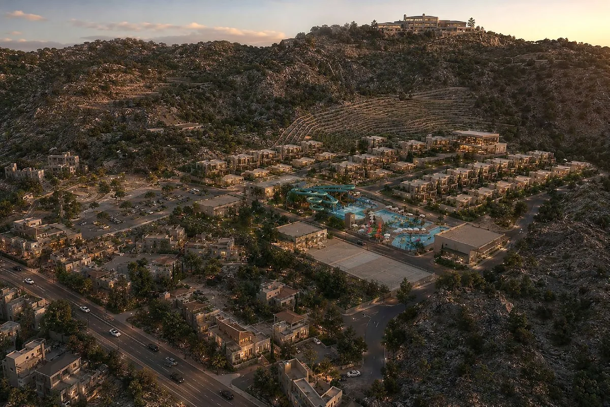 Aerial view at dusk of the resort spread across a terraced hillside, lit roads threading between villa clusters.