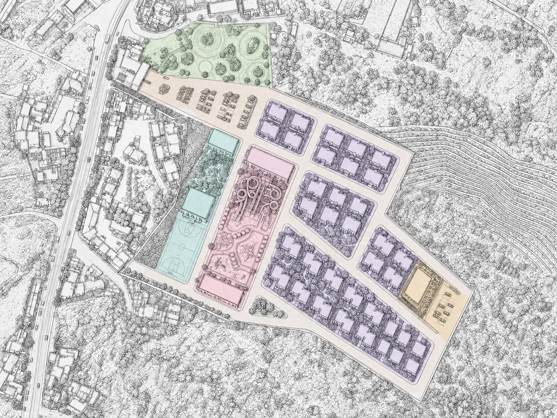 Zoning plan with land uses colour-coded over a line drawing of the surrounding terrain.