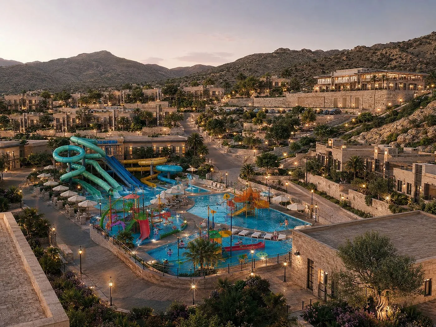 Aerial view of the aqua park with water slides, pools and shaded seating.