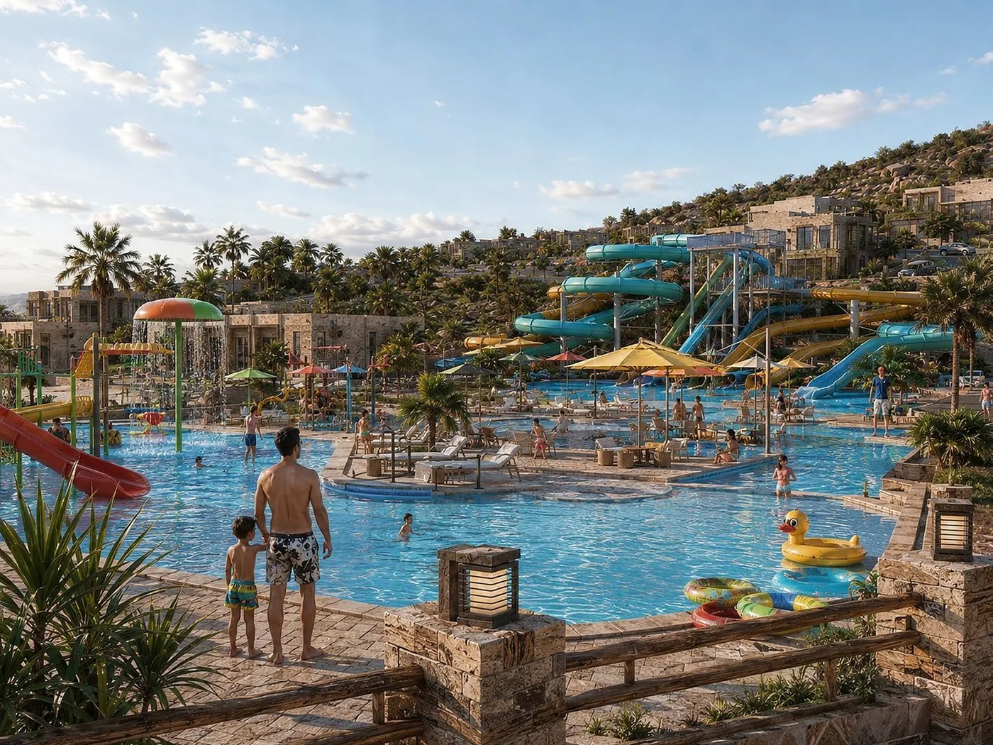 Ground-level view across the pool towards the slide structures.
