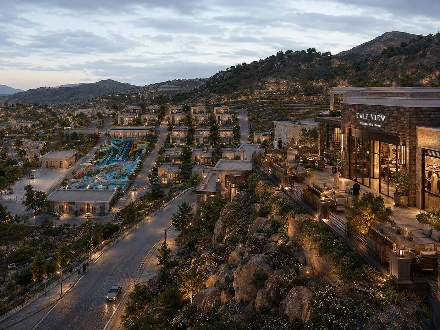 Street through the resort towards the restaurant and lounge, mountains beyond.
