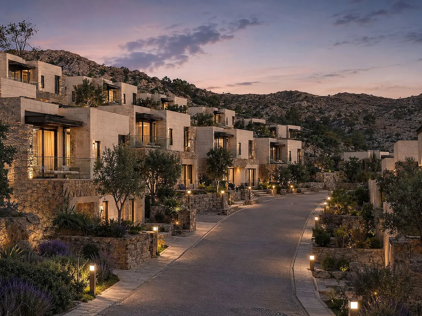 Evening view along a row of stone-based villas with terraces and landscape lighting.