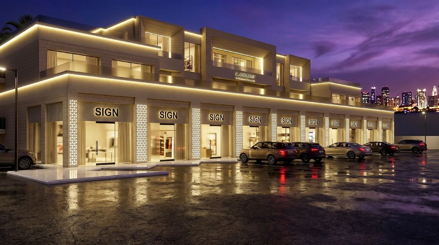 Evening view along the street frontage, shopfronts lit beneath the office levels.