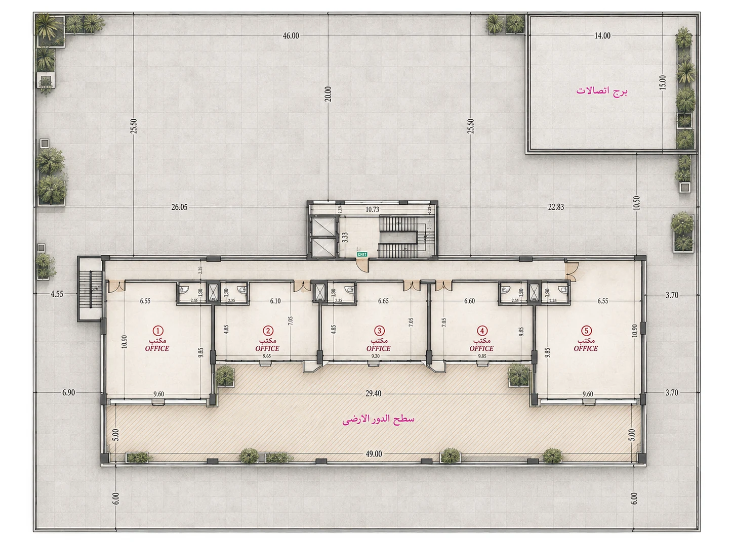 First floor plan: five offices along the frontage above the shops, opening onto the ground-floor roof terrace.