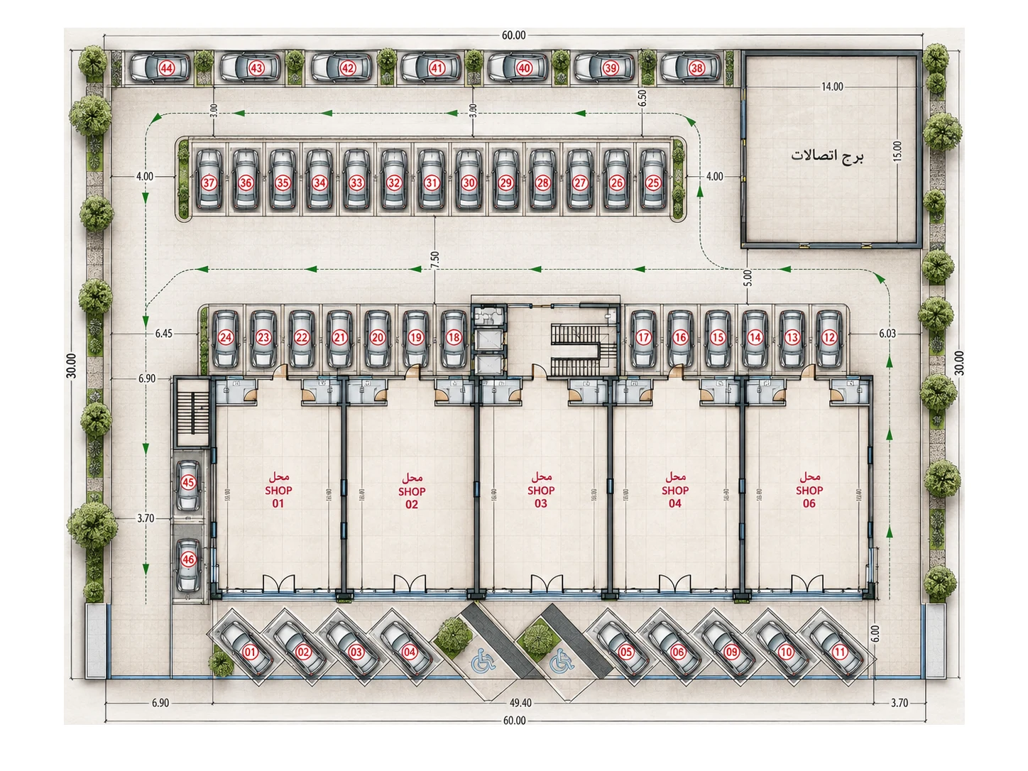 Ground floor plan: the row of shop units facing the street parking, rows of parking behind, the stair and lift core, and the telecom tower plot.