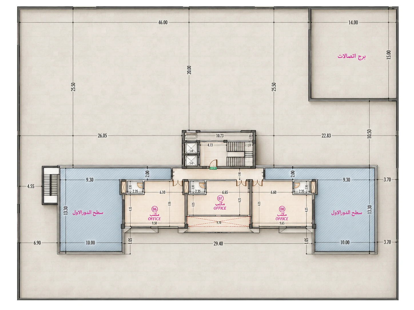 Roof-level plan: three further offices around the core, with the first-floor roofs as terraces at either end.
