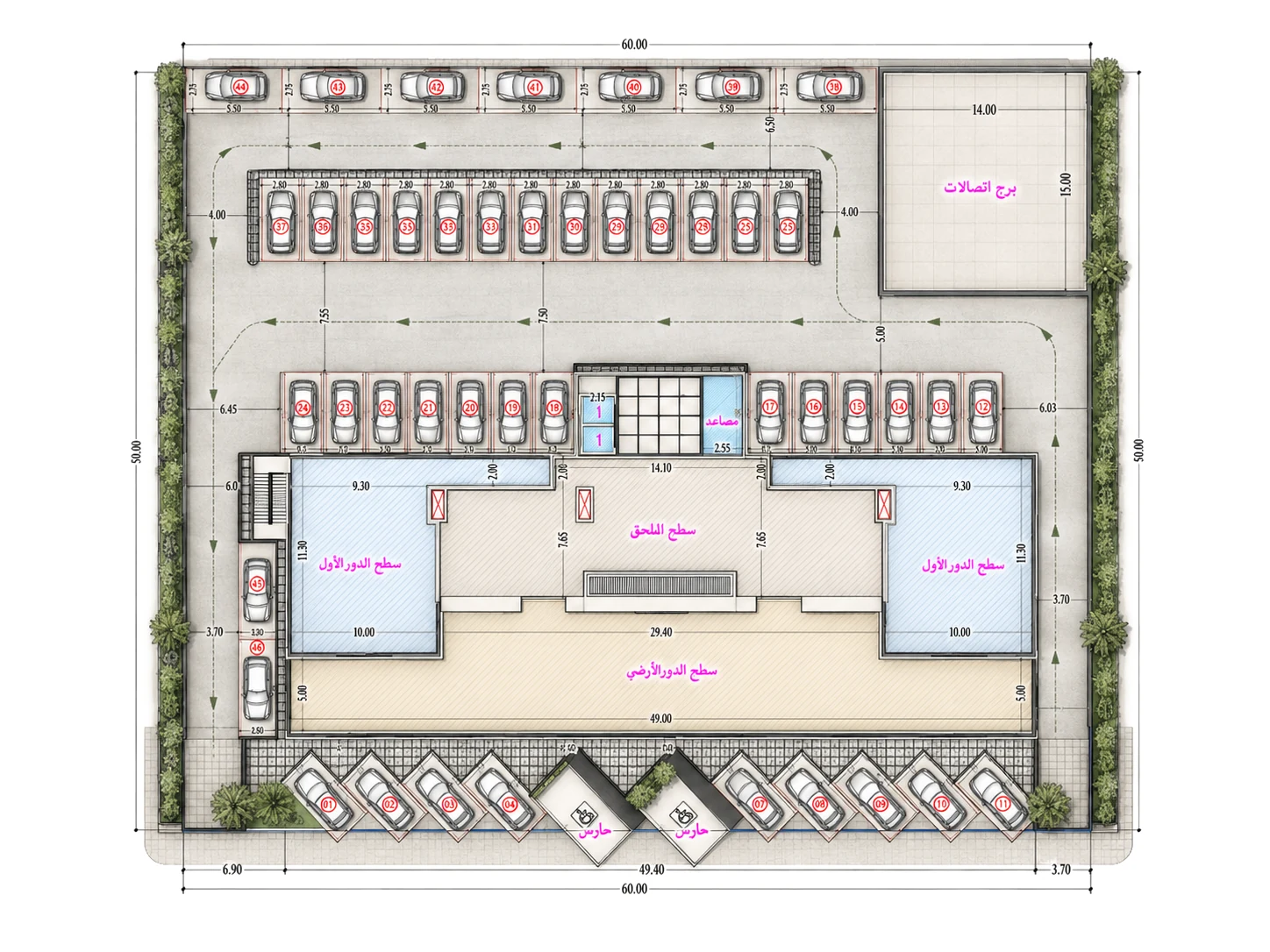 Site plan showing the roofs and terraces of the building, parking on three sides, guard booths at the entrances and the telecom tower plot in the corner.