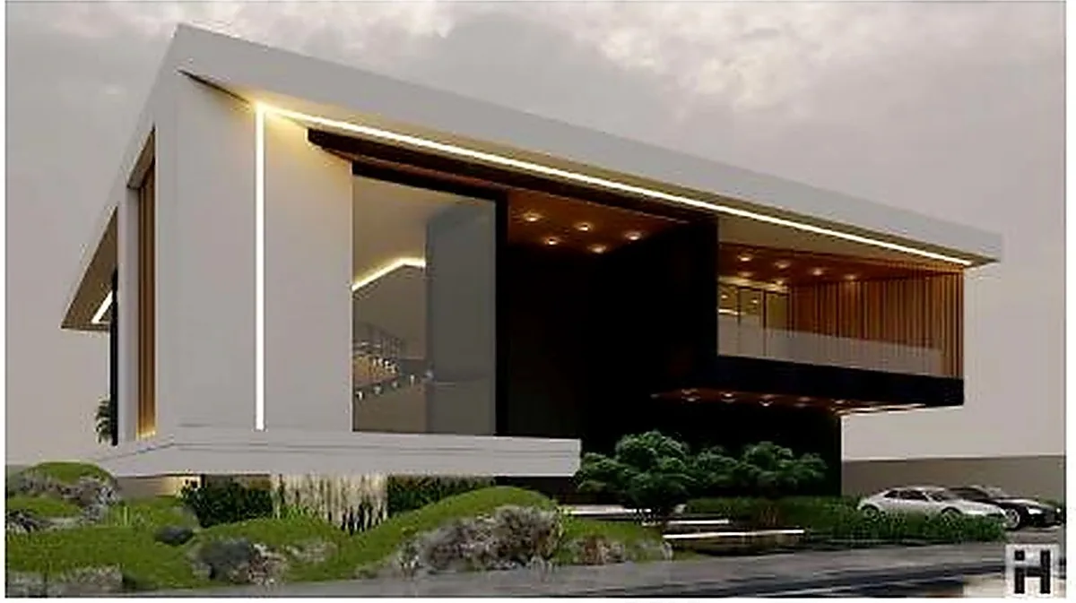 Low villa with a deep cantilevered entrance canopy over a reflective forecourt.