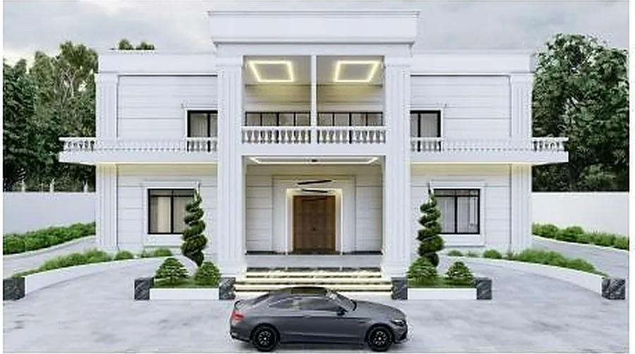 Formal white villa with a framed entrance and symmetrical window bays.