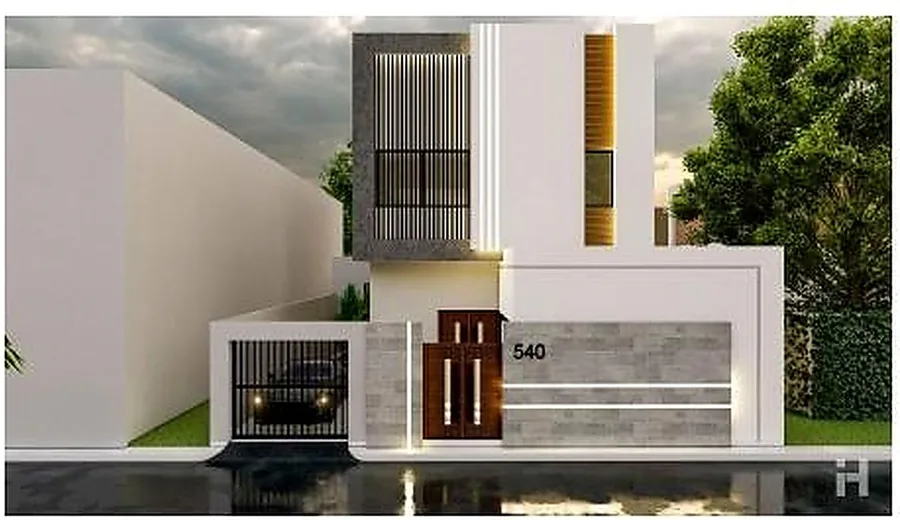 Compact villa with a tall vertical entrance element in timber and stone.