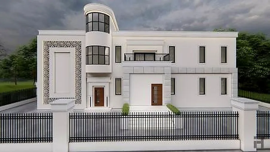The white villa's entrance bay with a decorative screen panel.
