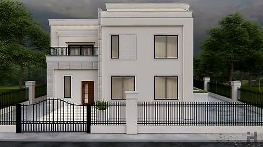 White villa with regular punched windows behind a railing fence.