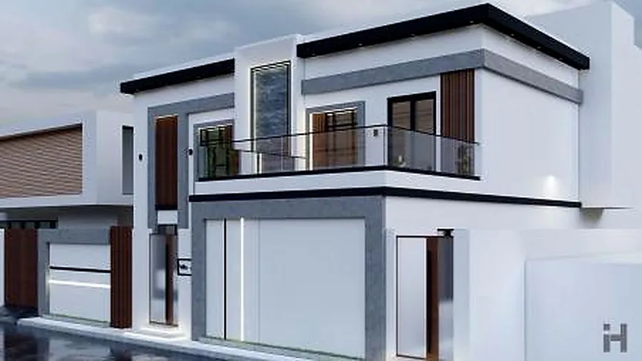 Villa composed of stacked boxes with deep window frames and a roof terrace.