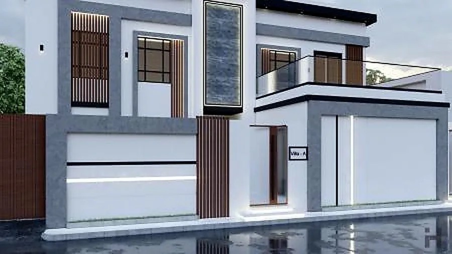 The box villa from the street, grey stone and white render with a dark garage door.