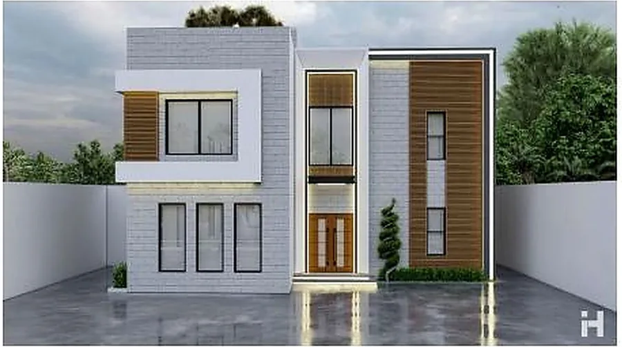 Family villa with light volumes, timber panels and controlled window openings.