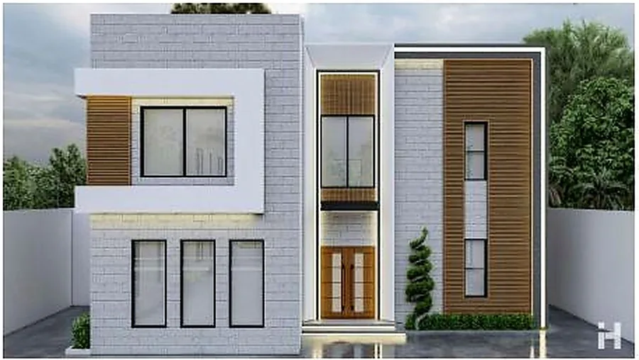 The family villa from the side, stone base and rendered upper floor.