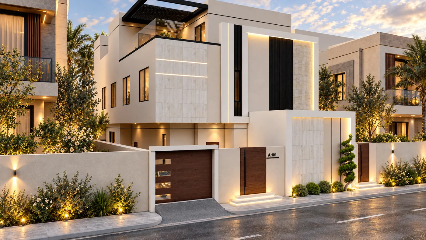 The villa seen along the wet street at dusk, its lit boundary wall, garage and planting in the foreground.