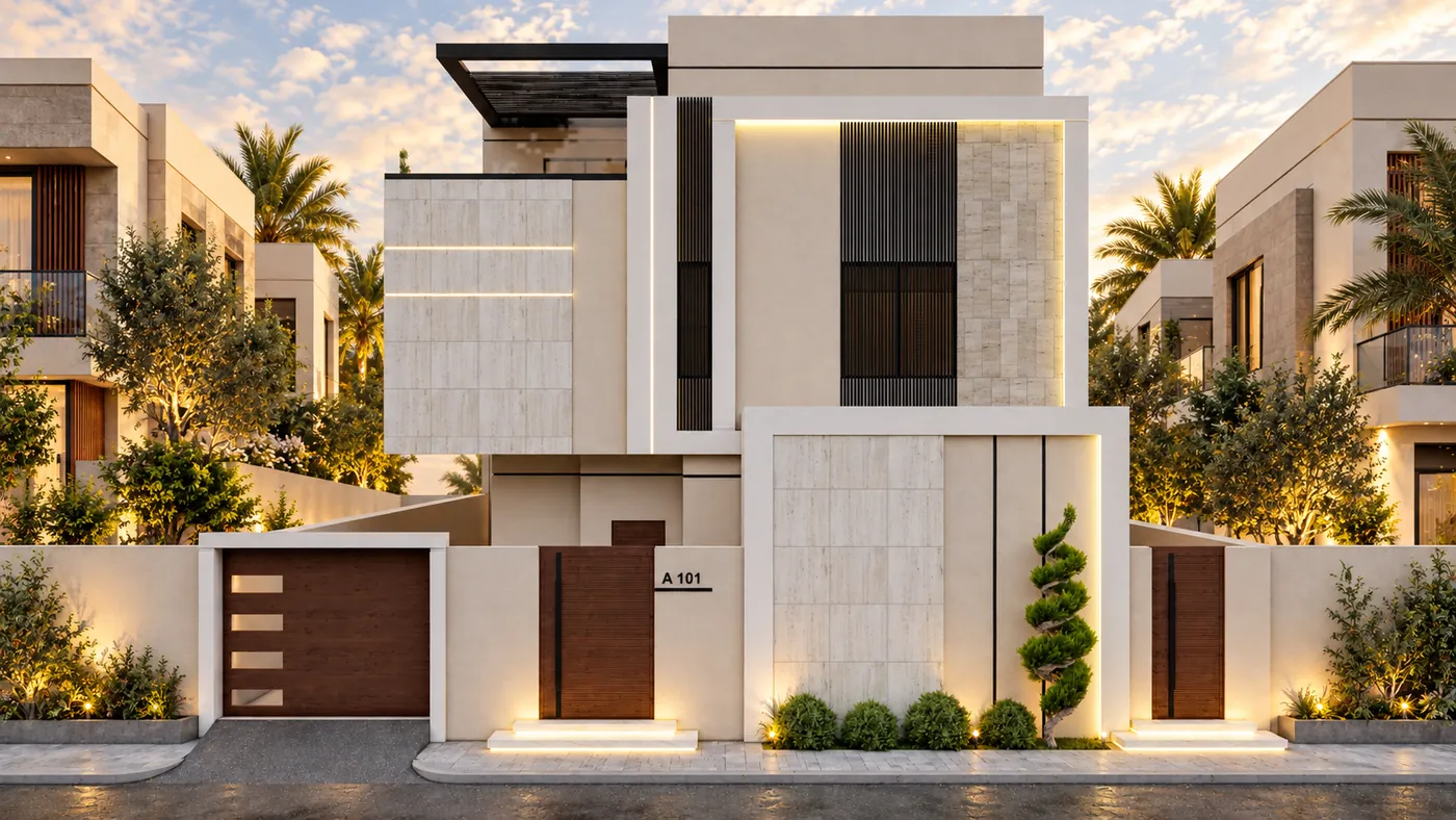 Front elevation of the villa: the upper travertine volume, a dark slatted bay and a roof pergola above the boundary wall.