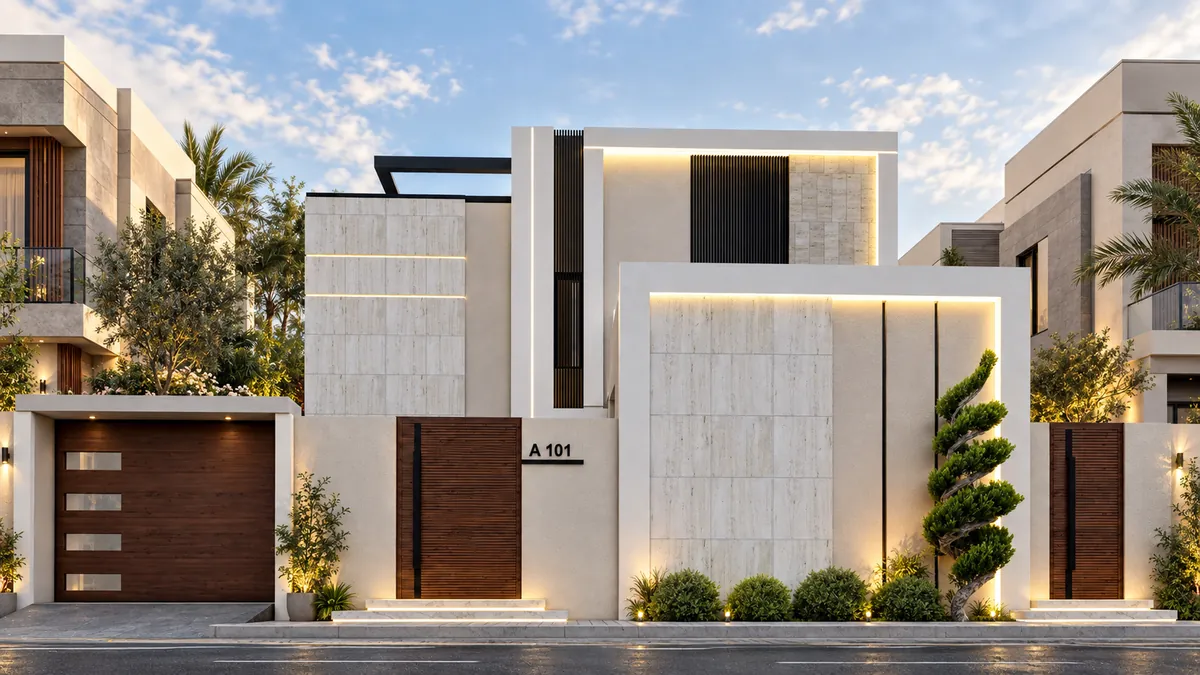 Contemporary villa at dusk: travertine-clad volumes framed in light, a dark slatted bay, a timber garage door and gate, and a spiral topiary at the entrance.