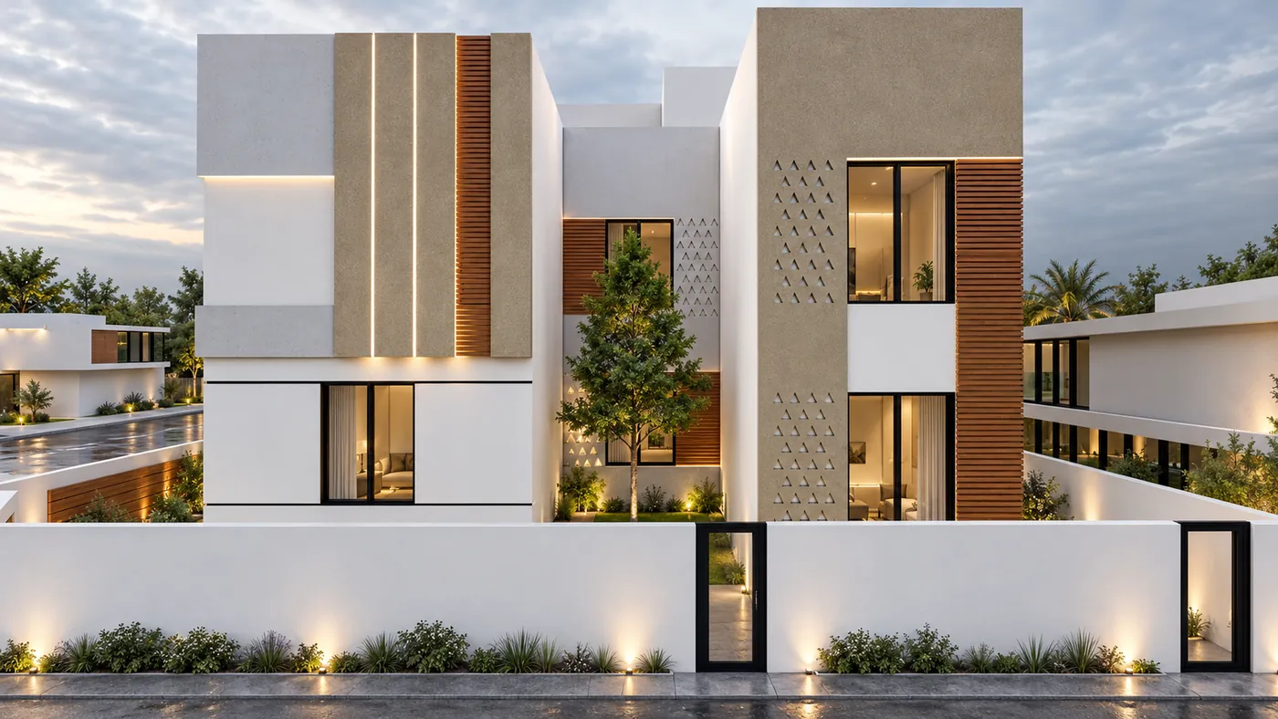 The same villa in cooler evening light, windows lit behind the white boundary wall and planting.