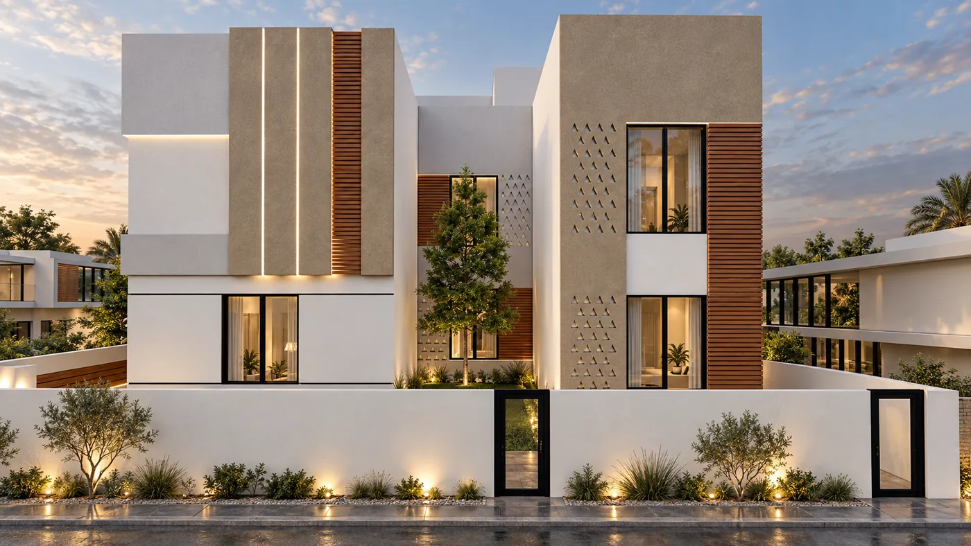 Two-storey villa in golden light: sand-coloured stone volumes with vertical light lines, timber fins and a perforated screen behind a white boundary wall.