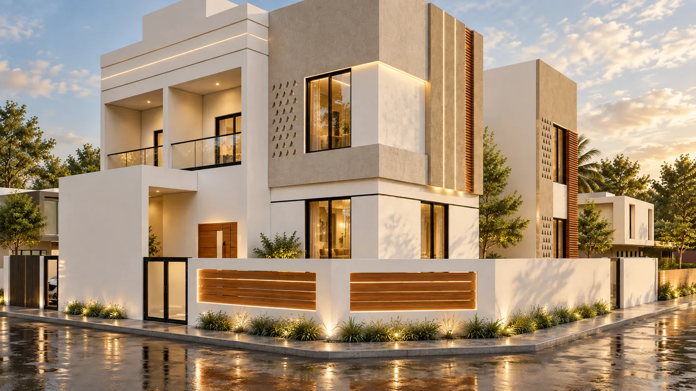 Corner villa at dusk: stepped white and sand-coloured volumes, glass-railed terraces and perforated panels, timber inserts lit along the boundary wall.