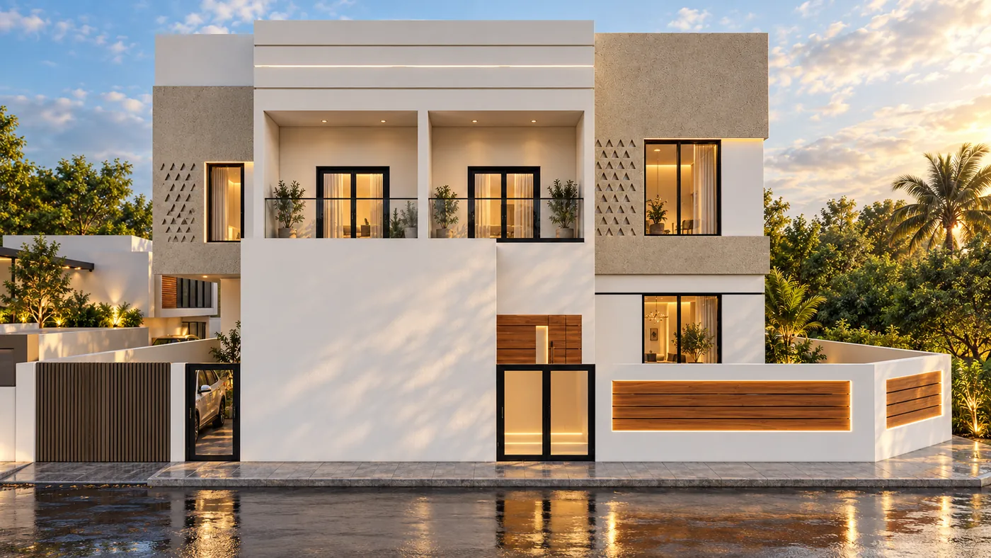 Front elevation of the corner villa, its recessed terraces and lit windows above the entrance.