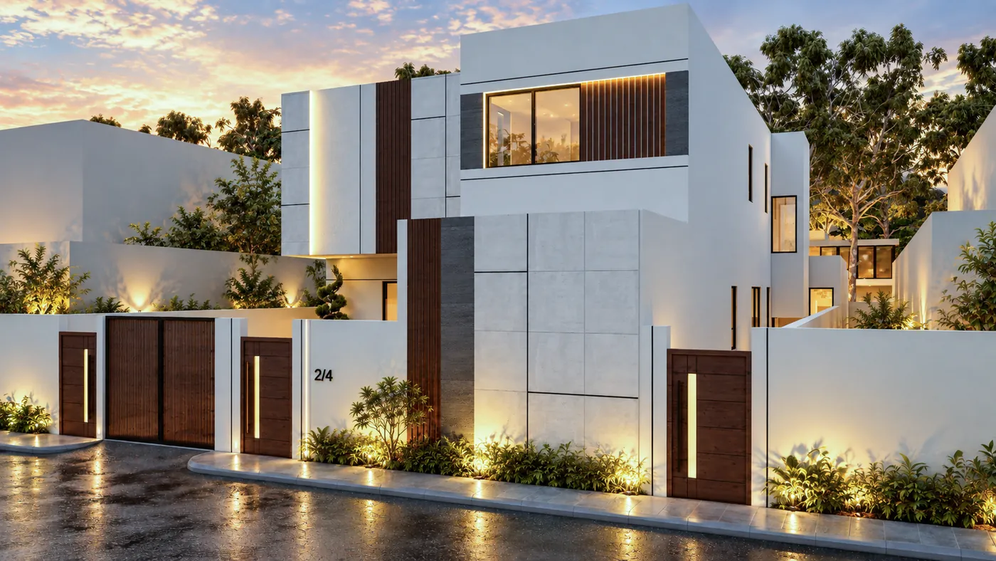 The villa seen along the wet street, its panelled volumes stepping back above the boundary wall.