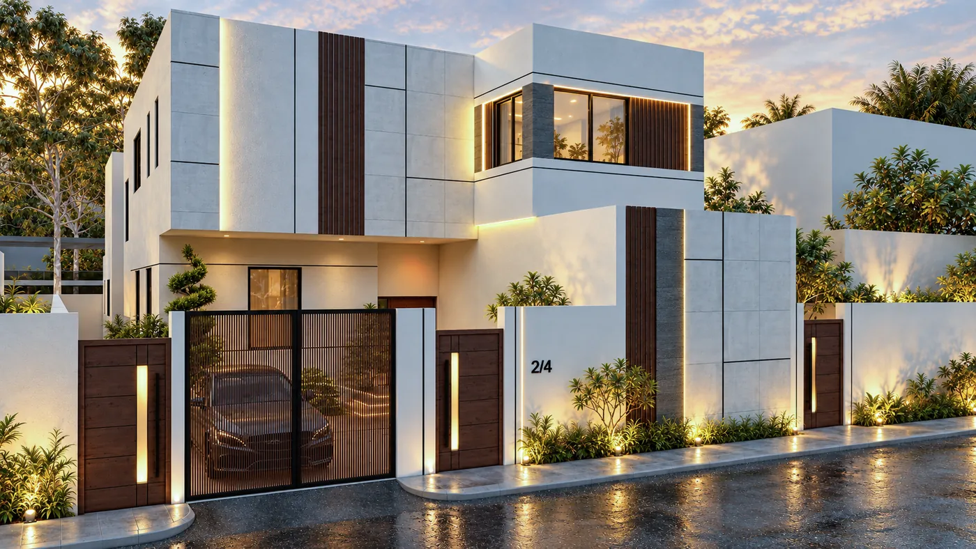 Angled view of the timber gates and garage, the boundary wall lit along its base.