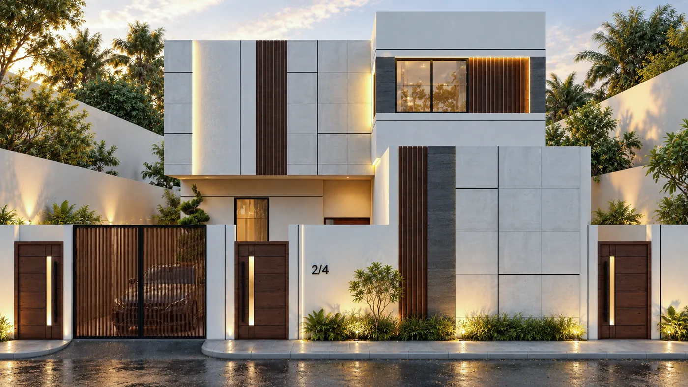 Villa at dusk: white stone panels, dark timber strips and a framed upper window above lit timber gates.