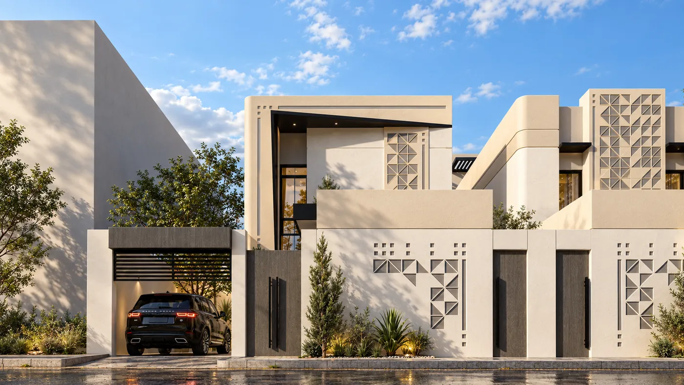 One of the villas from an angle, the garage, entrance and carved wall seen along the street.