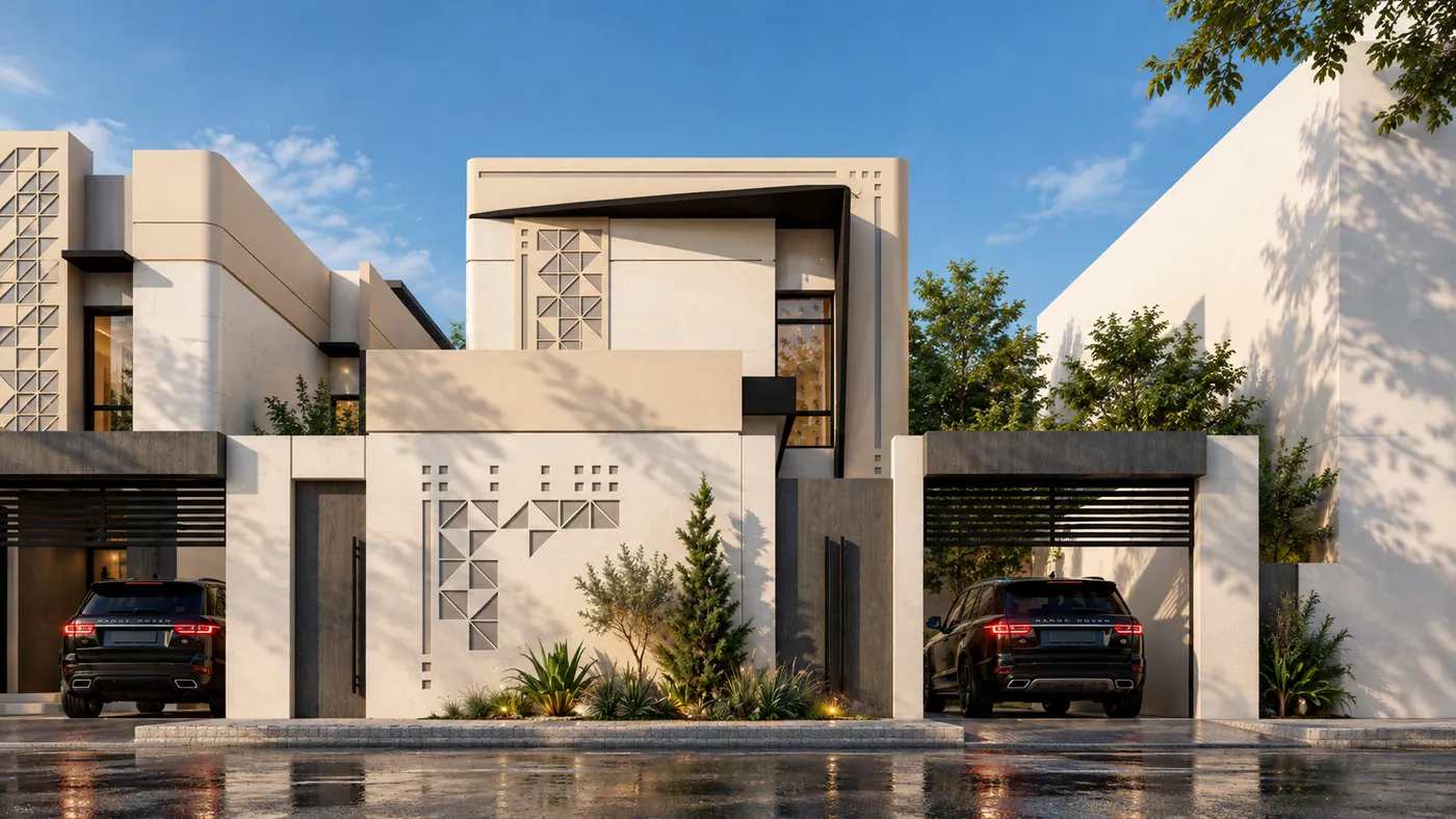Closer view of one villa: the entrance, the shaded garage and the carved triangular motifs on the boundary wall.