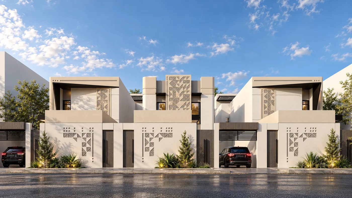 Two matching villas side by side, white walls carved with triangular Najdi motifs, cars in the shaded garages.