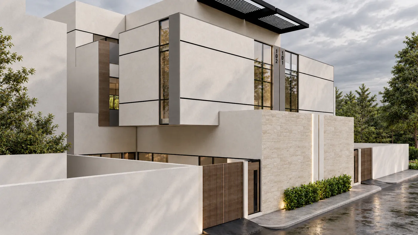 Corner view along the wet street, the white volumes and black pergolas above the boundary wall.