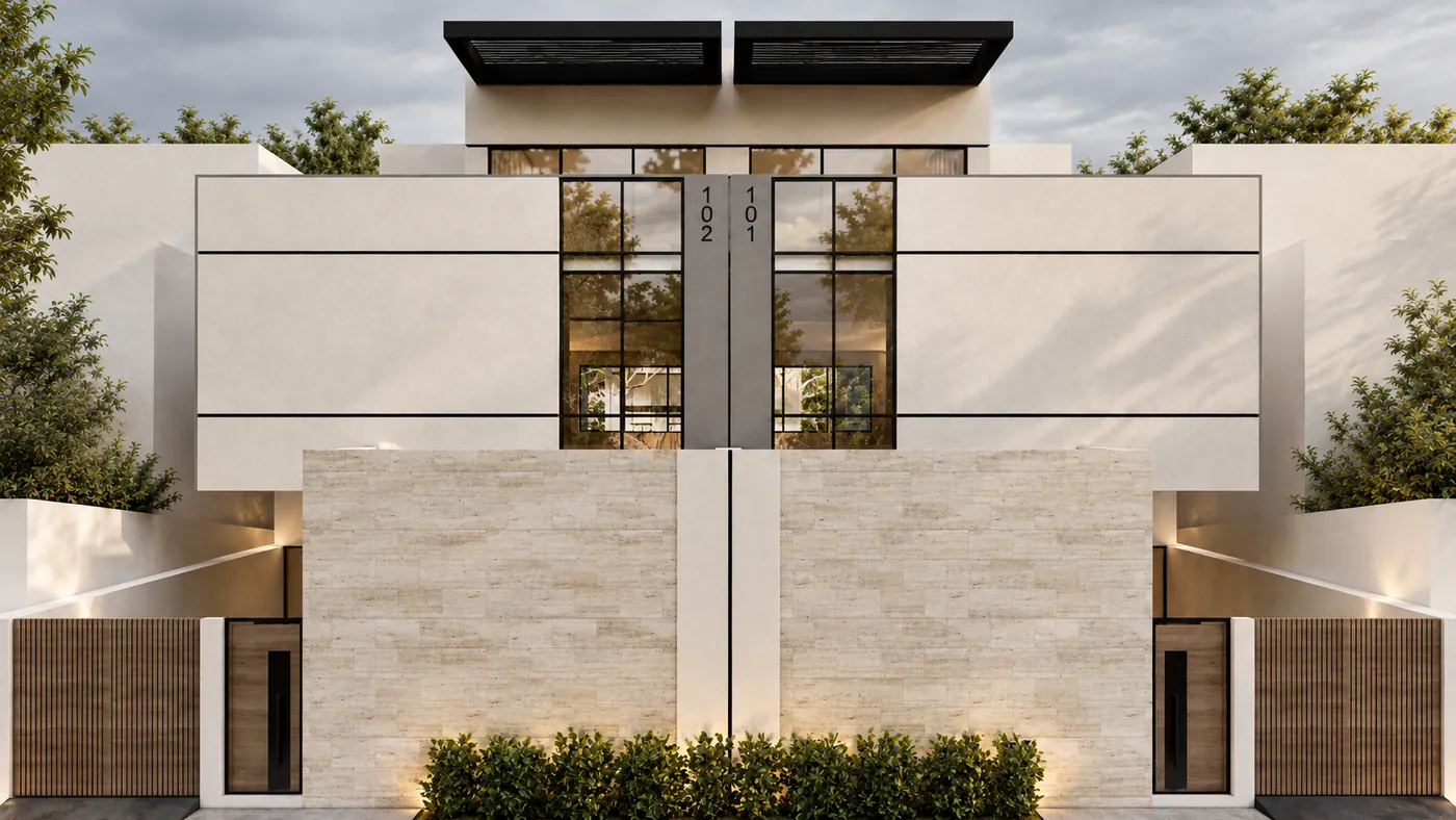 Closer view of the paired fronts, the timber gates either side of the stone wall and the numbered central glazing.