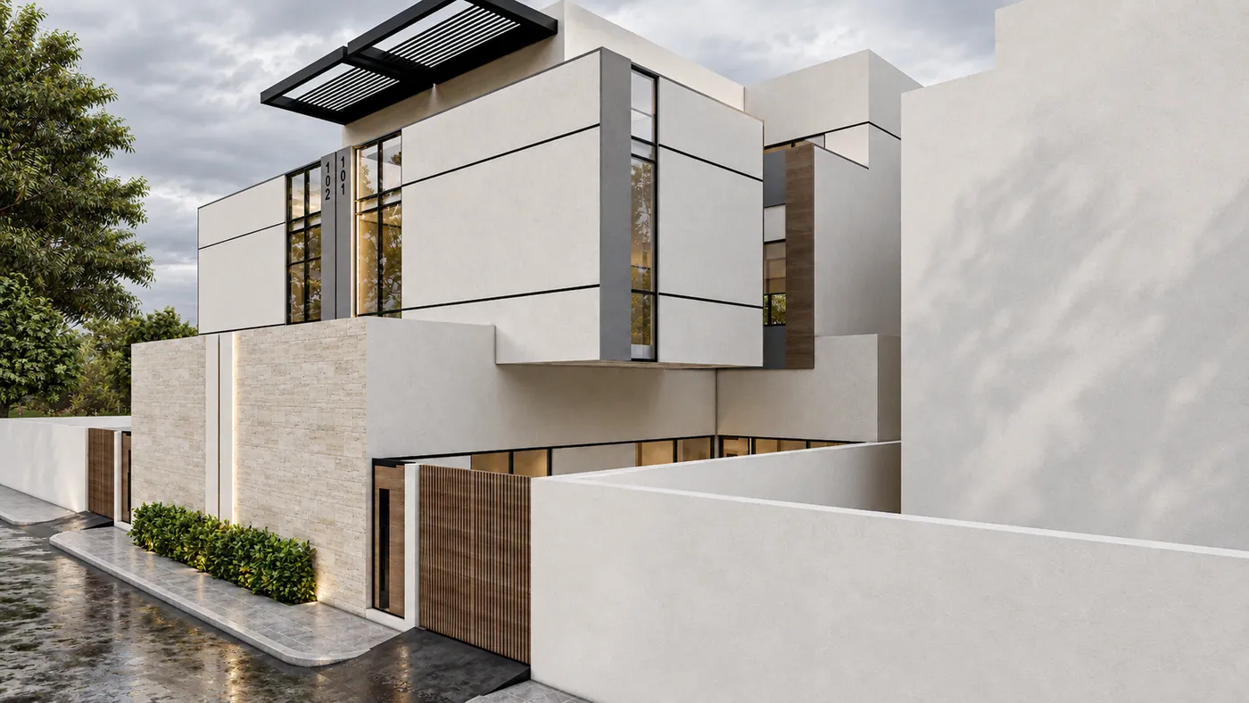 The twin villa from the side, white volumes stepping back behind the stone wall and the black roof pergolas.