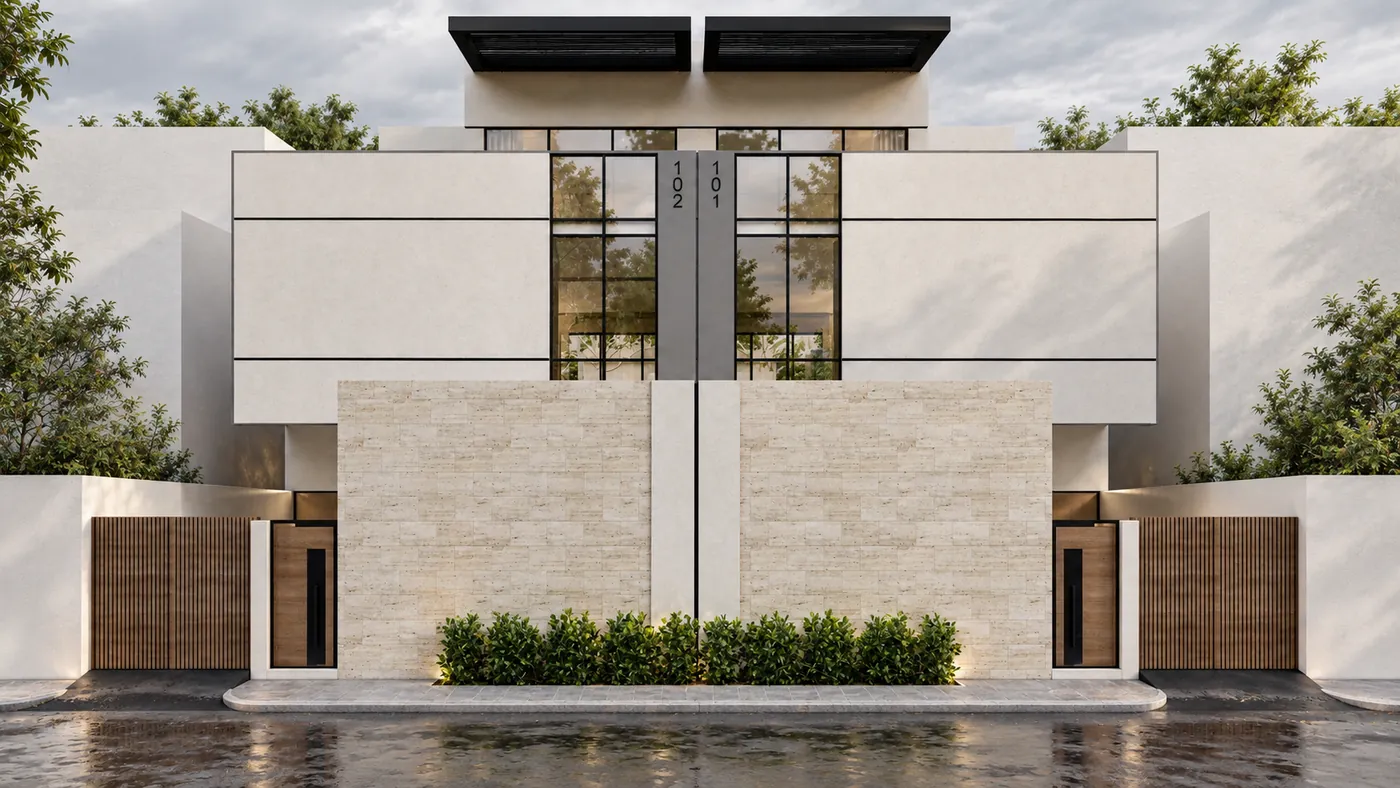 Twin villa front: a stone-clad base wall, white upper volumes, tall glazing at the centre and black pergolas on the roof.